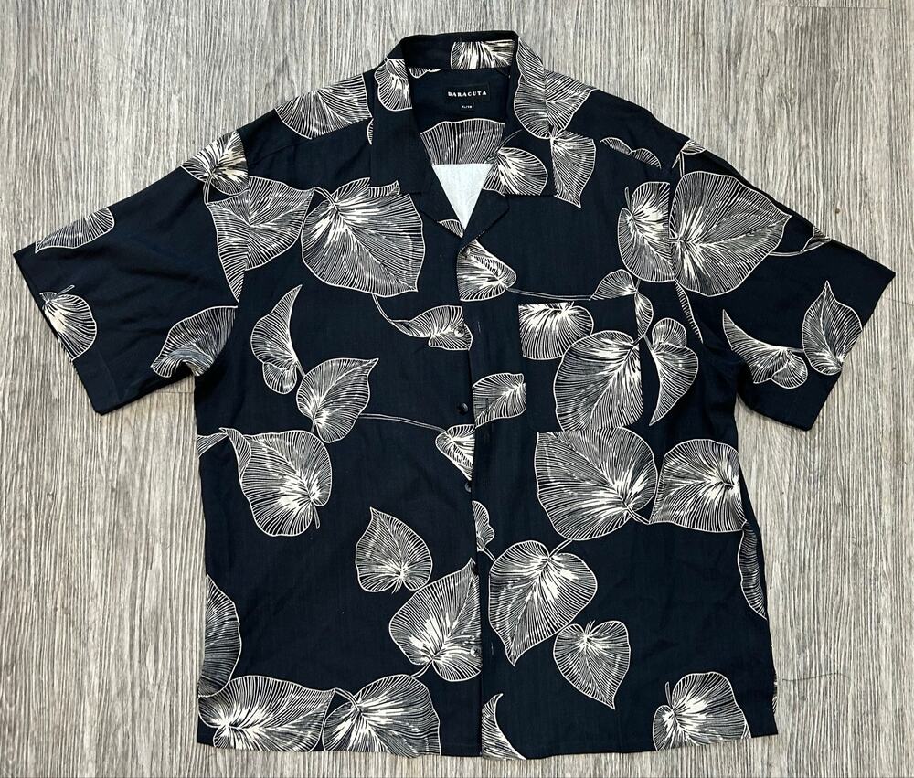 Baracuta Silk Shirt Men XL Black White Tropical Leaf Hawaiian Camp Collar Button